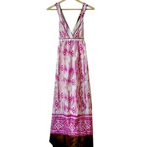 Silky summer boho pink & olive green maxi dress - size S/M